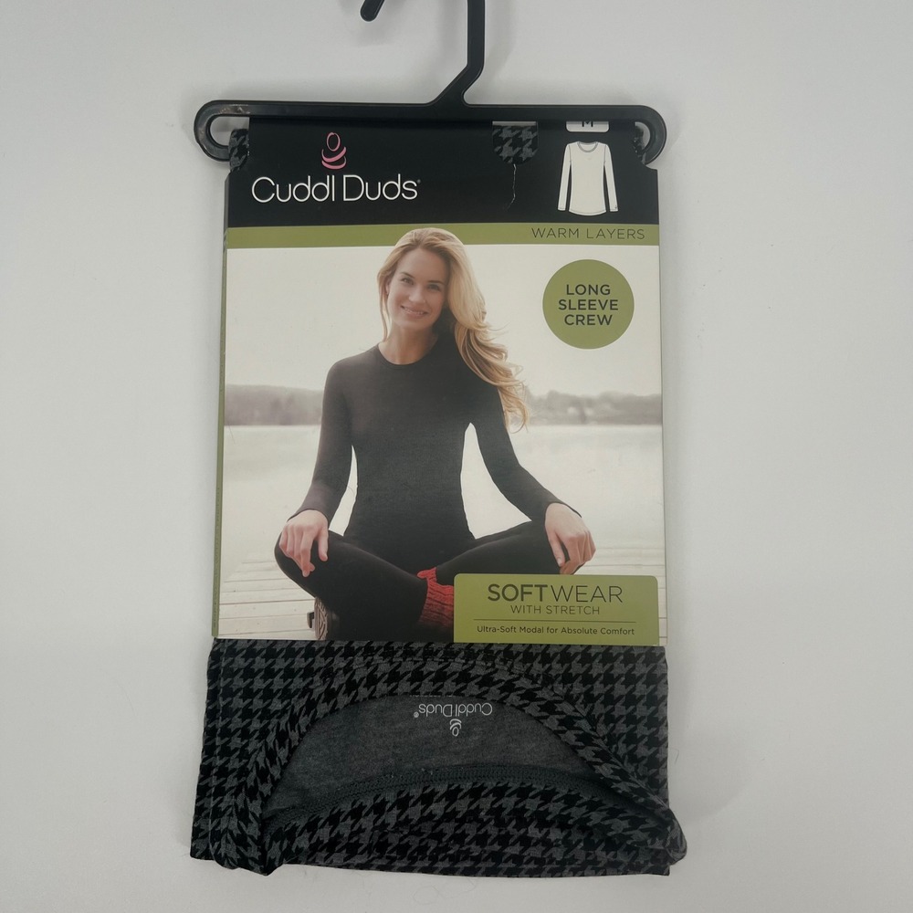 Cuddl Duds Softwear Stretch Long Sleeve Crew Top Houndstooth Charcoal M NWT